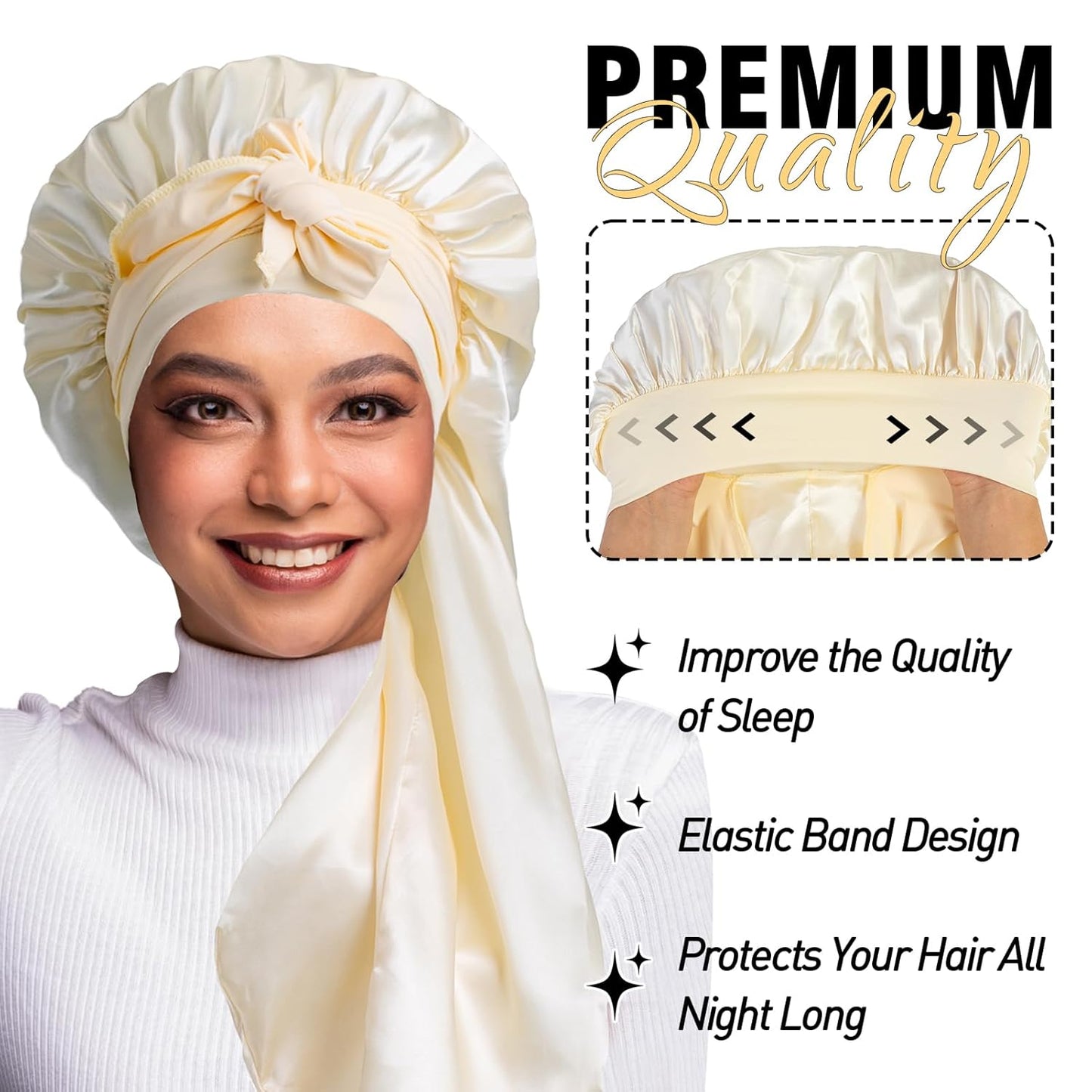 2Pcs Bonnets for Black Women Braid Bonnet, Large Long Satin Bonnet for Braids, Silk Bonnet with Stretchy Tie Band Sleep Cap Hair (2Pcs-Black&Gold)