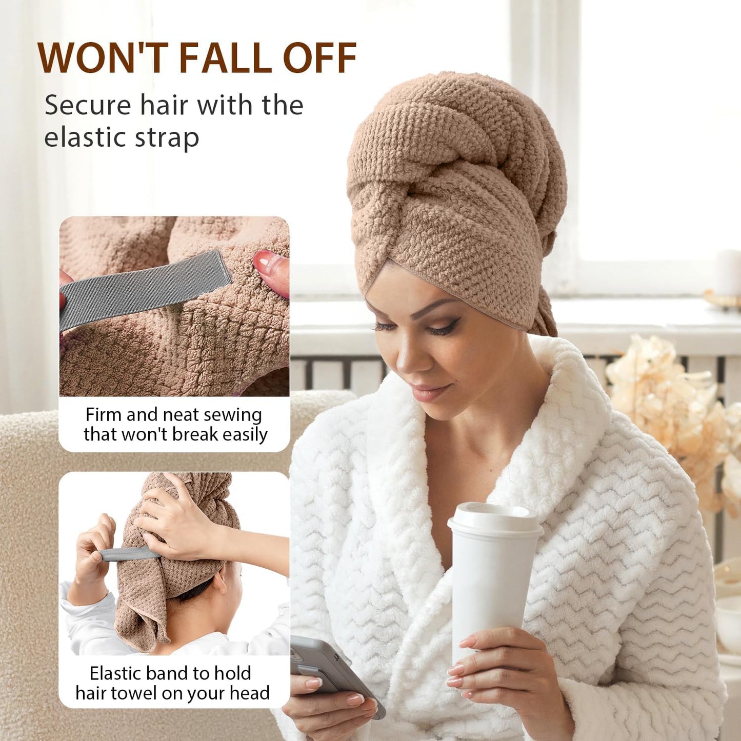 YFONG Large Hair Towel Wrap for Women, Super Absorbent Microfiber Hair Towel for Curly Hair, Fast Drying Hair Turbans with Elastic,Hair Drying Towel Wrap for Hair Care Anti Friz 26.3" X 40" (Brown)