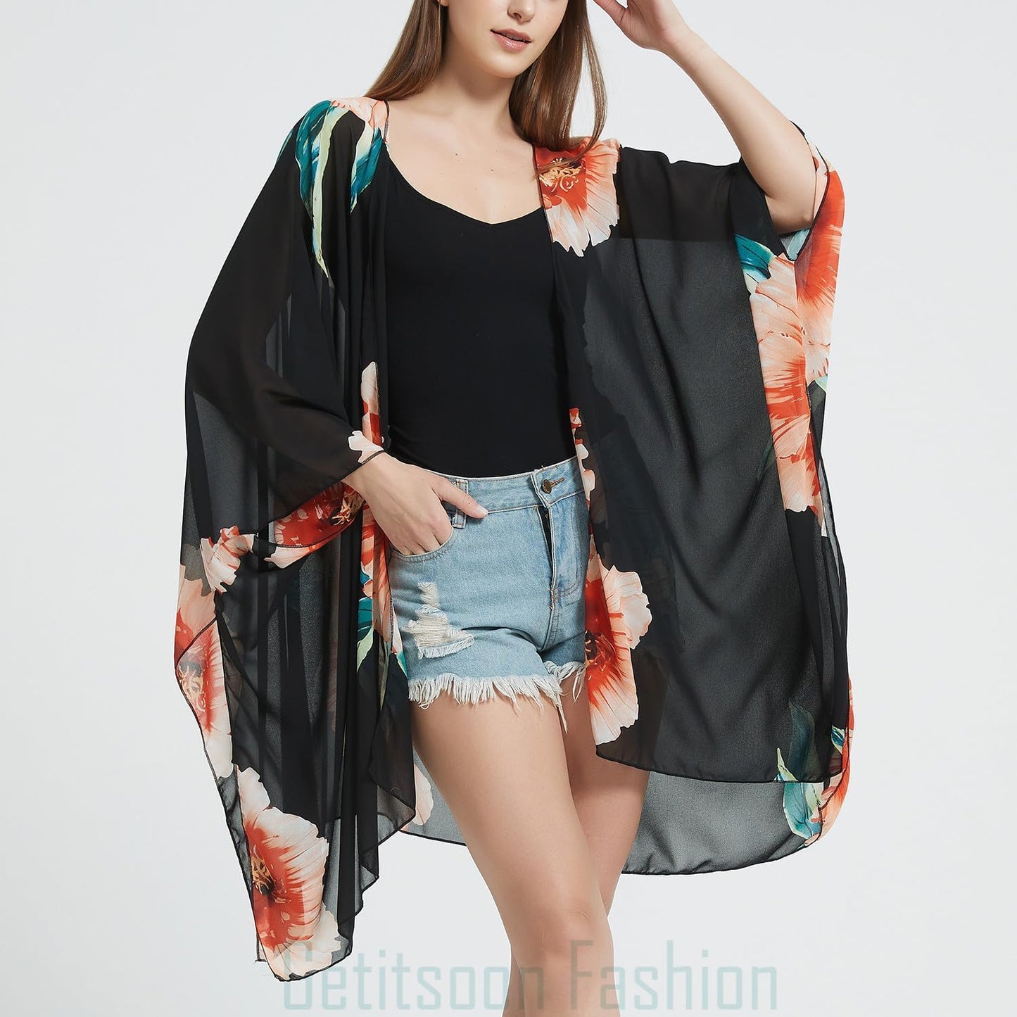 Women's Bohemian Floral Chiffon Beach Cover up Swimsuit Kimono Summer Swimwear Cardigans