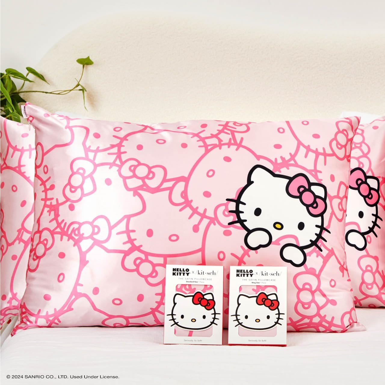 Kitsch x Hello Kitty (Pink Kitty Faces) - Satin Pillowcase with Zipper for Hair and Skin, Softer Than Silk Pillow Case, Cooling Pillow Cover, Machine Washable, Queen/Standard (19x26)