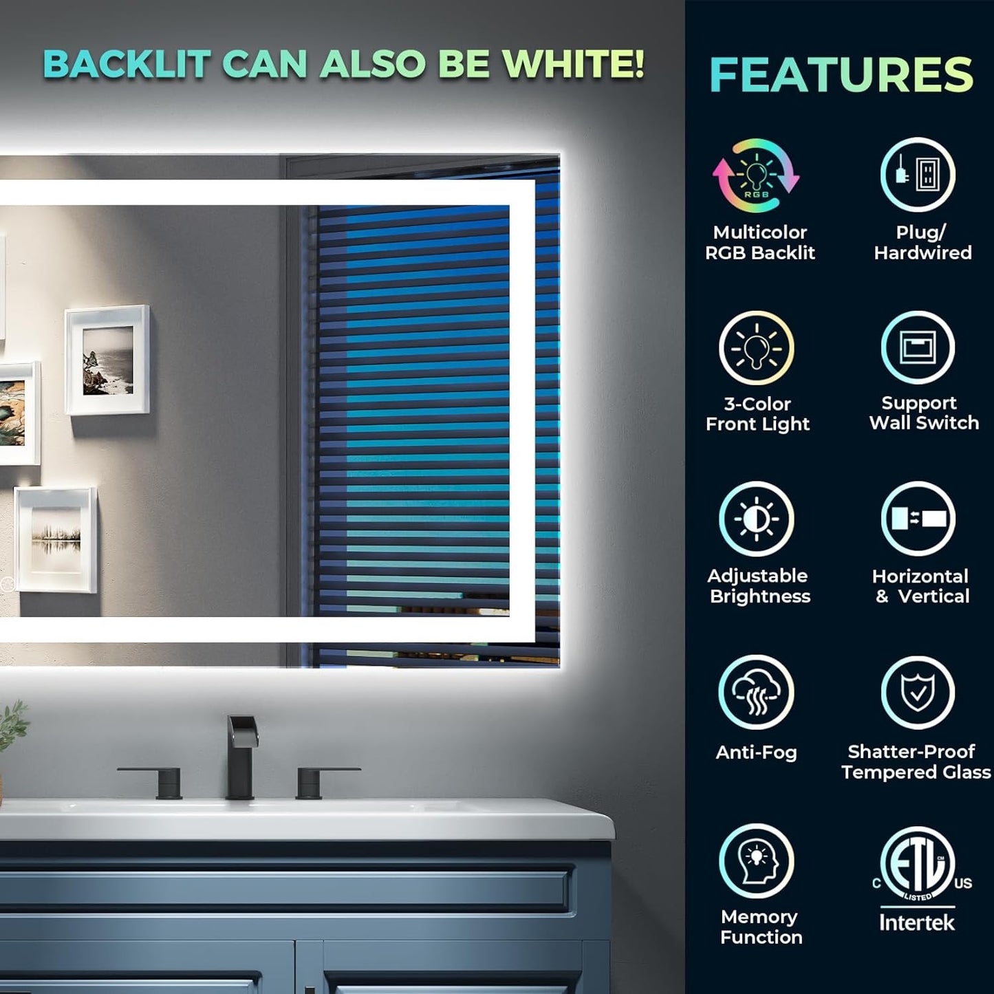 40x36 Inch RGB LED Bathroom Mirror Front Light and RGB Backlit Lighted Vanity Mirror for Bathroom Wall Mounted Dimmable Anti Fog Memory Shatter-Proof IP54 Waterproof Horizontal/Vertical