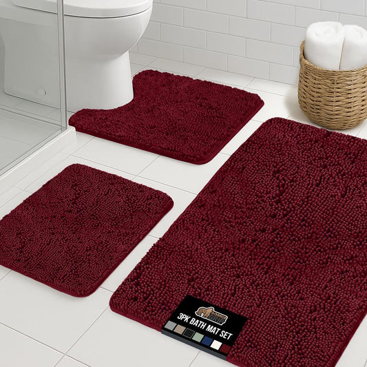 GORILLA GRIP Bathroom Rug Sets 3 Piece, Bath Mat Set and Oval Toilet Base with Rubber Backing, Plush Absorbent Shaggy Chenille Washable Mats, Includes 24x19.5, 24x17 and 36x24 Inch Rugs, Burgundy