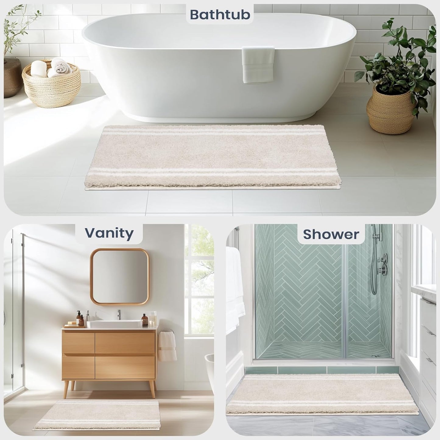 PURRUGS Bathroom Rug Non-Slip Machine Washable 24" x 60", Super Absorbent and Quick Dry Shaggy Microfiber Bath Mat, Extra Soft and Plush Bath Rug for Bathtub, Shower and Sink, Beige