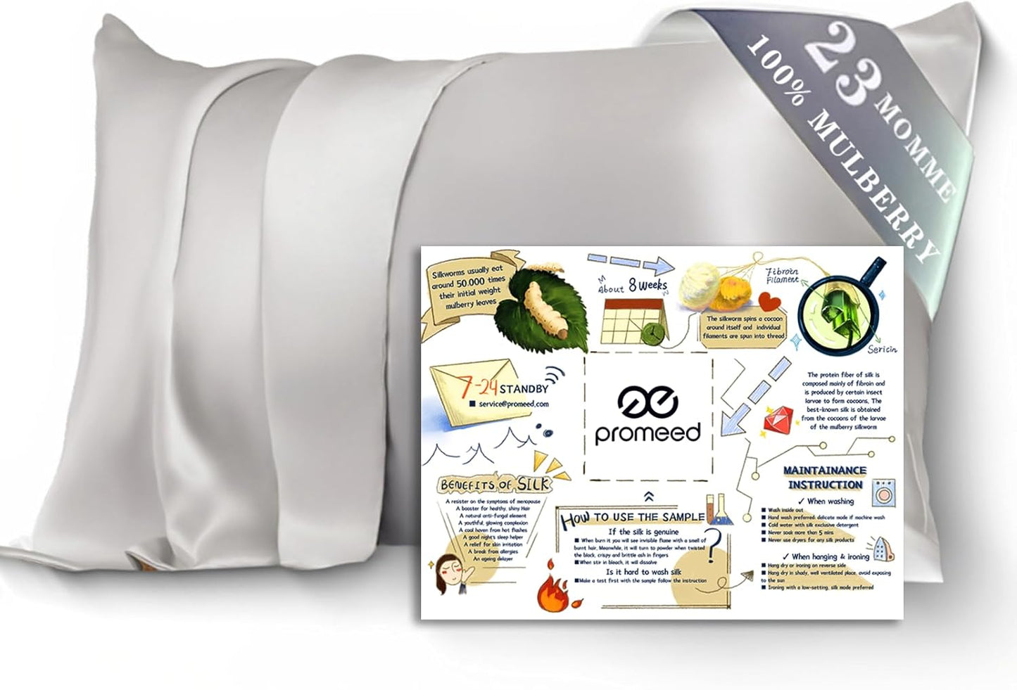 PROMEED 100% Mulberry Toddler Silk Pillowcase for Baby Hair and Skin, Premium Grade 6A+ 23 Momme Travel Silk Pillow Cases 13 x 18 with Free Laundry Bag (Toddler/Travel 13"x18", Light Grey)