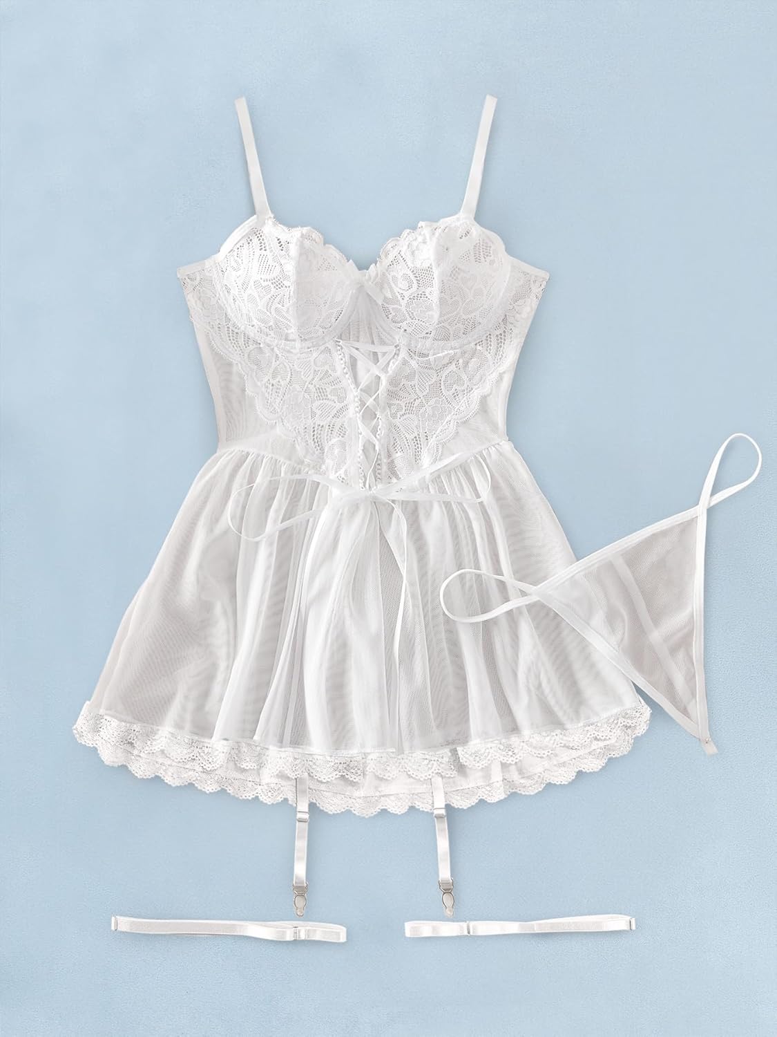 Lilosy Sexy Garter Belt Mesh Lace Babydoll Lingerie Dress Set with Thong