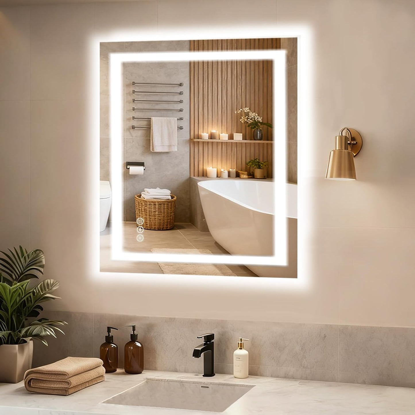 MISSDAY 28x32-inch LED Mirror - 3 Colors - Adjustable Brightness - Defogging - Smart Power-Off - Dual Orientation Mounting - Plug-in or Hardwired - Designed for Bathrooms and Vanity Areas