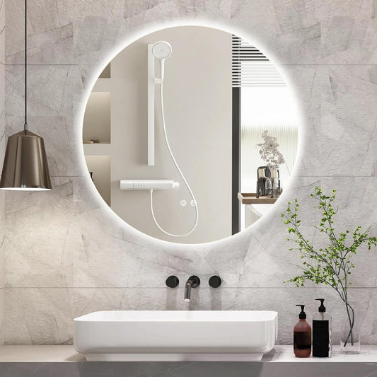 36 Inch Round LED Bathroom Mirror Backlit Anti-Fog Wall Mounted Lighted Bathroom Vanity Mirror 3 Colors Light Dimmable Smart Makeup Mirror with Touch Switch