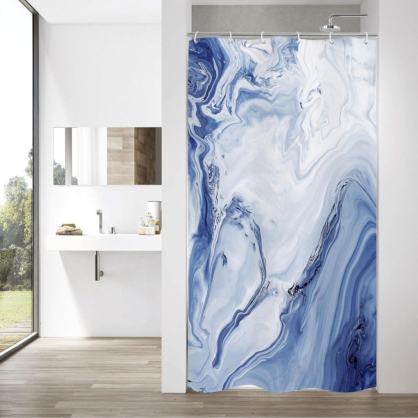 MitoVilla Navy Blue Marble Small Stall Shower Curtain 36 x 72, Abstract Ombre Half Size Narrow Shower Curtain Set, 36 inch Modern Fabric Shower Curtains for Chic Luxury Bathroom Decor