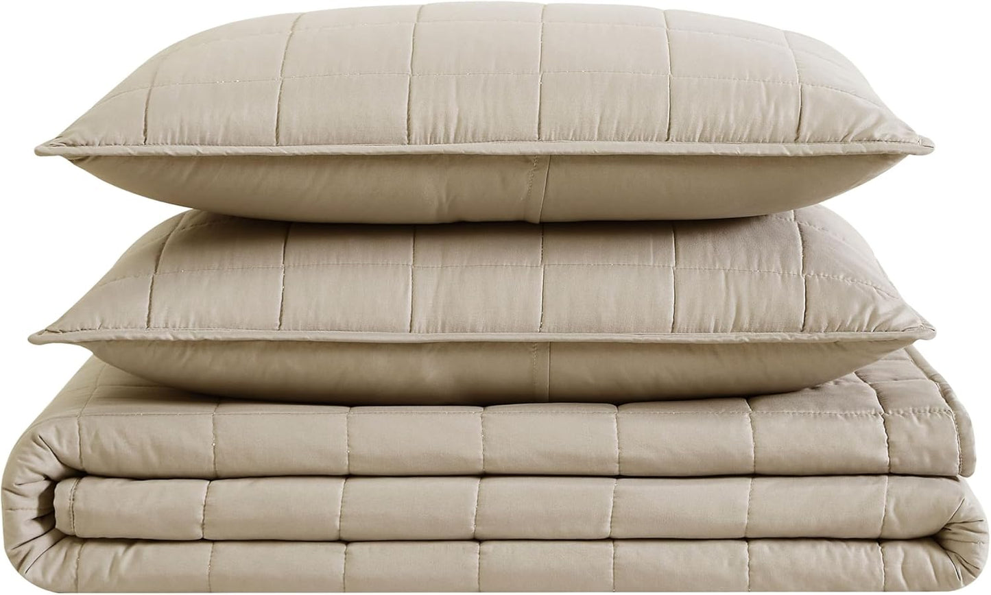 London Fog Garment Washed Solid Quilt Set Khaki Microfiber 3-Piece King Quilt Set, Solid Themed, Adult and Teen, Oeko-TEX Certified