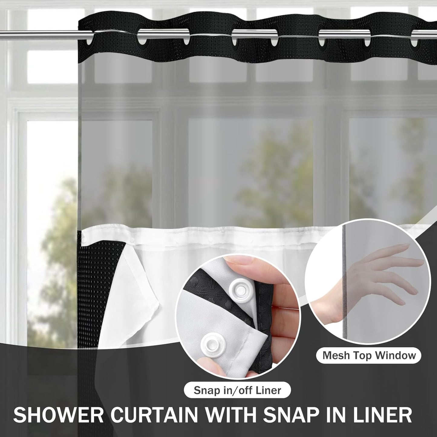 YellyHommy No Hook Shower Curtain with Snap in Liner Set Less Time Black Waffle Shower Curtain for Bathroom 75" L x 72" W