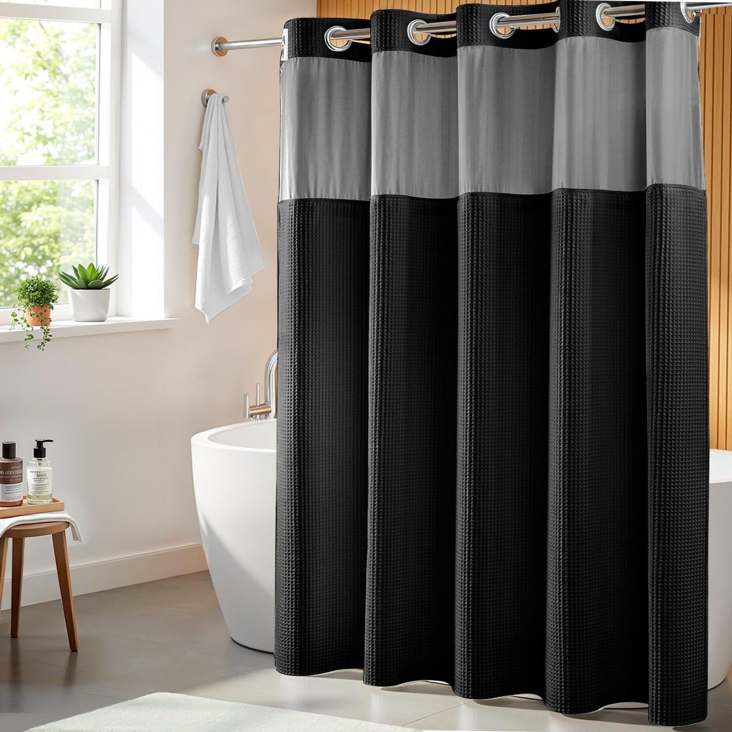 River Dream Black Fabric Shower Curtain Set, Cotton Blend, Waffle Weave, with Snap in Replacement Liner，71 x 74 inches