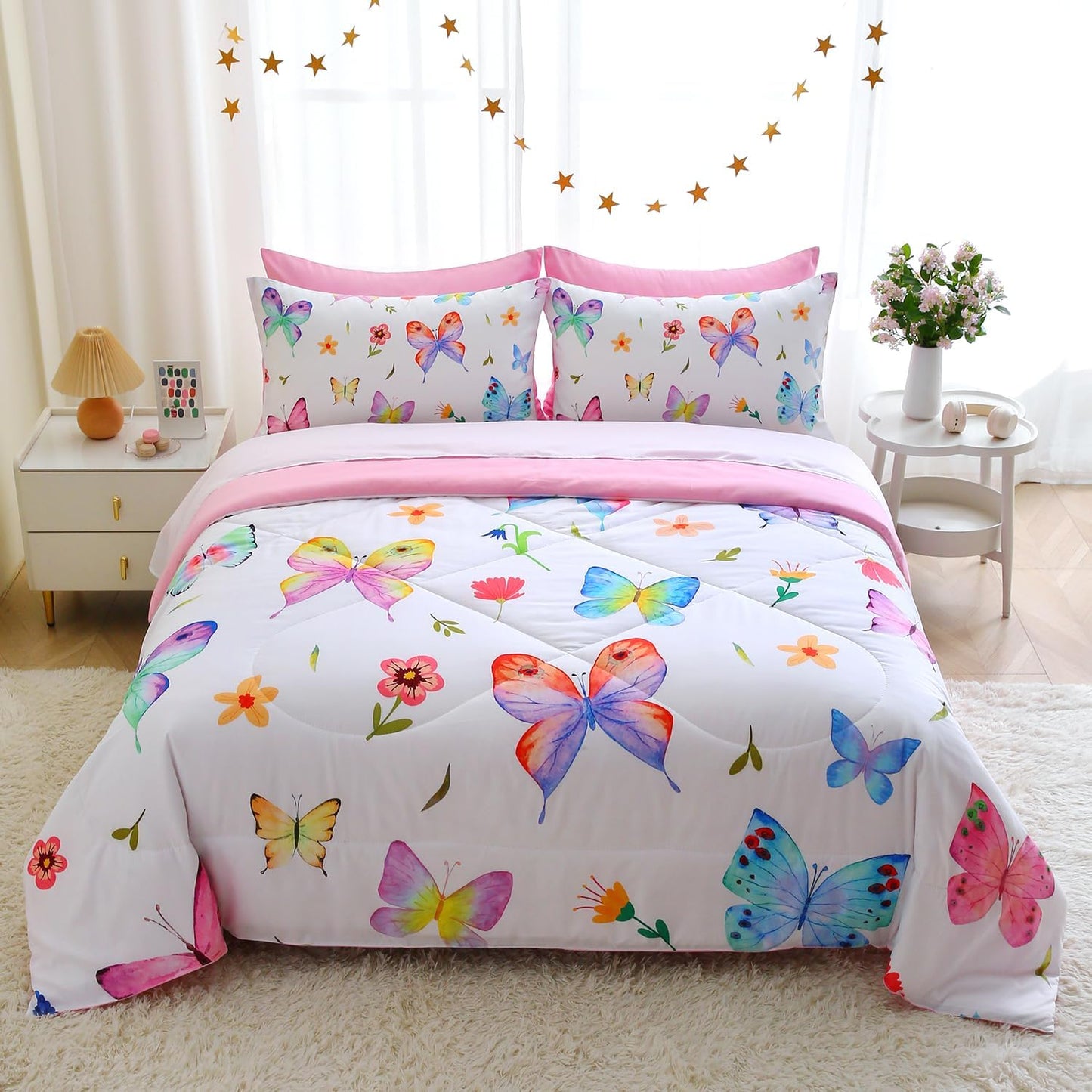 Wajade 7 Piece Butterfly Comforter Set for Girls Kids Cute Colorful Butterfly Flowers Floral Bedding Set Twin Size with Sheet and 2 Pillowcases 2 Pillow Shams Bed in a Bag as Birthday Choice