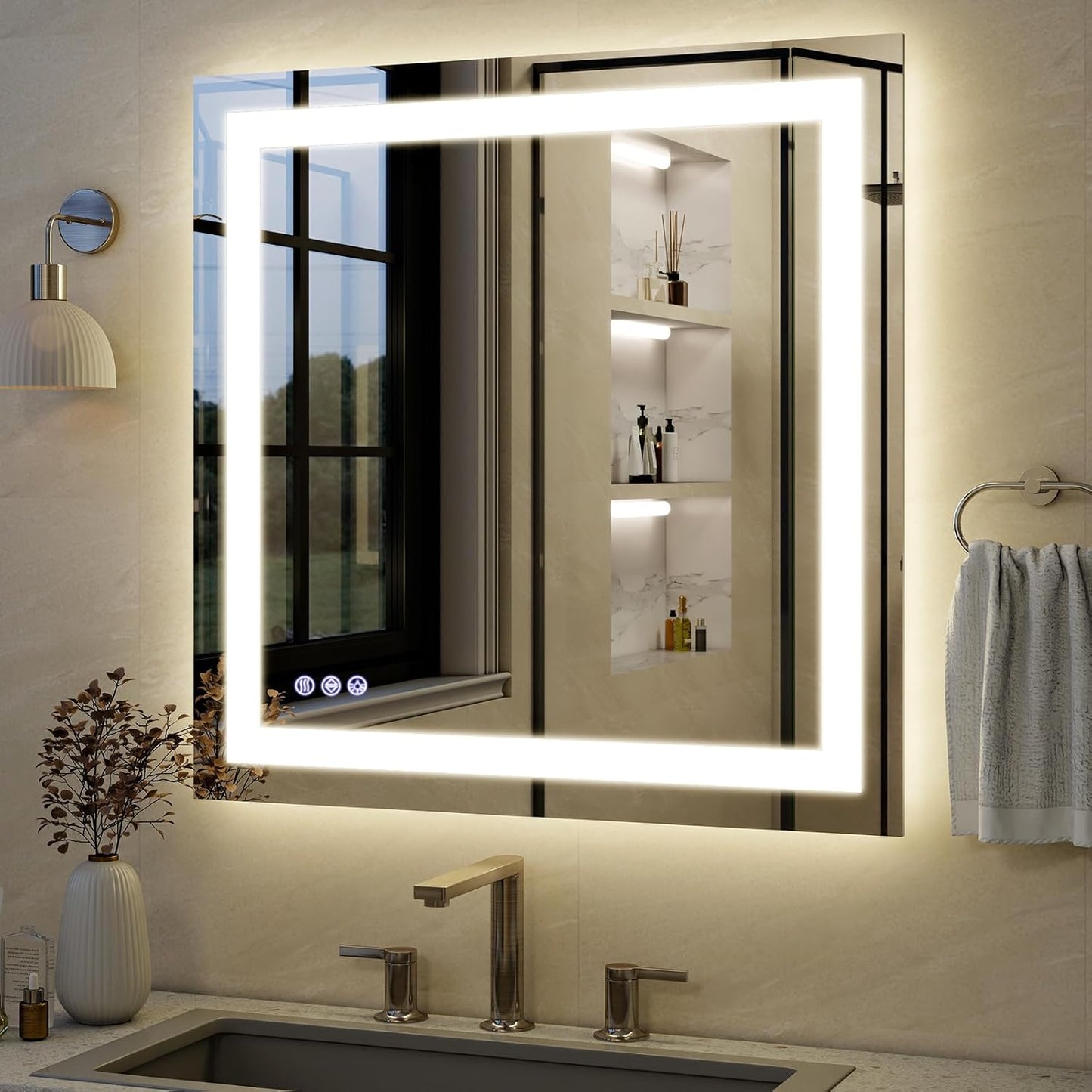 VooBang Bathroom Mirror with Lights 47 x 47 inches - 3 Adjustable Lighting Modes LED Bathroom Vanity Mirror, Anti-Fog, Memory Function, Tempered Glass, Wall Mounted Horizontally Vertically