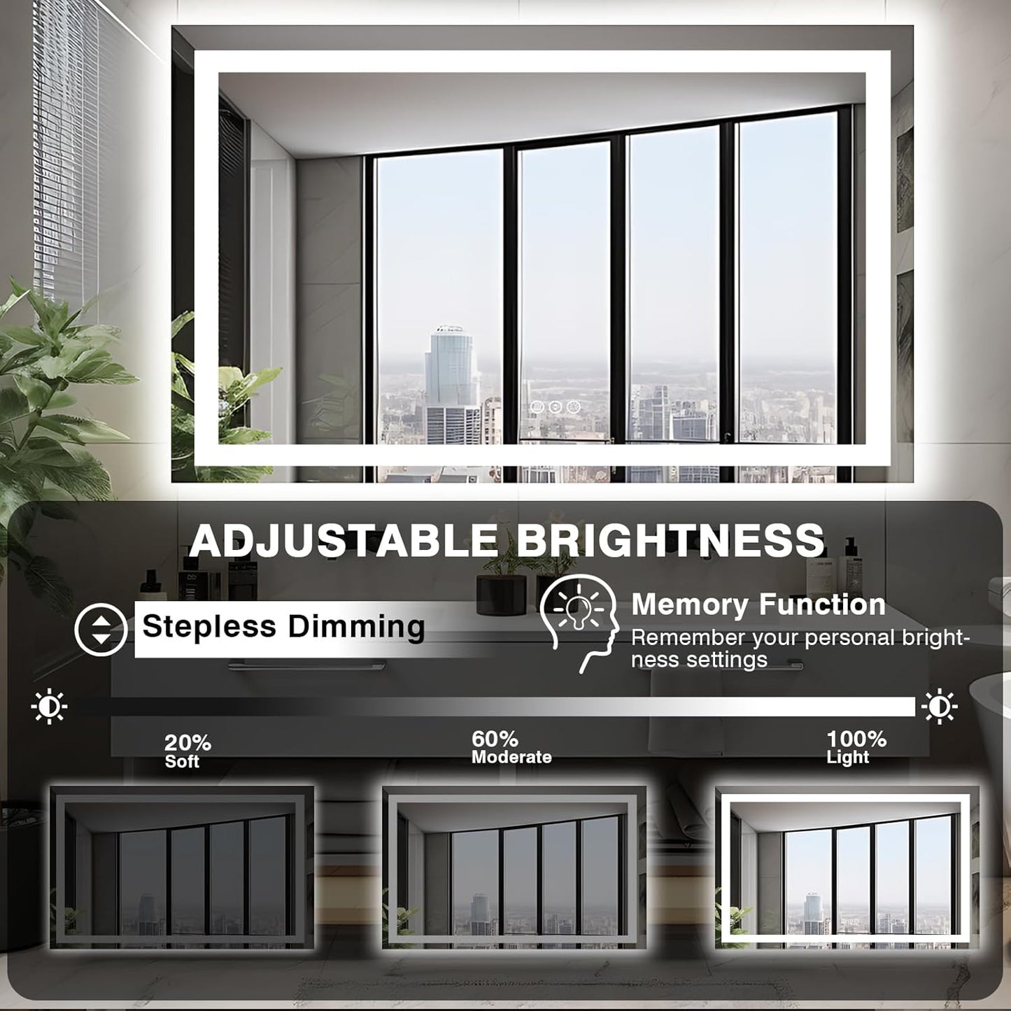 50"x36" Lighted Mirrors for Bathroom Wall, Anti-Fog LED Vanity Mirror, Shatter-Proof, 3 Colors Memory Mirror (Horizontal/Vertical)