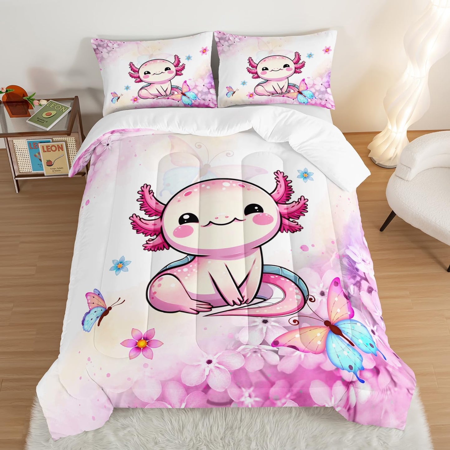 Cartoon Axolotl Comforter Kids Bedding Set,Axolotl Flower Butterfly Bedding Full Size for Boys Girls Room Kawaii Decor,Pink Toddler Comforter Sets with 2 Pillowcases.