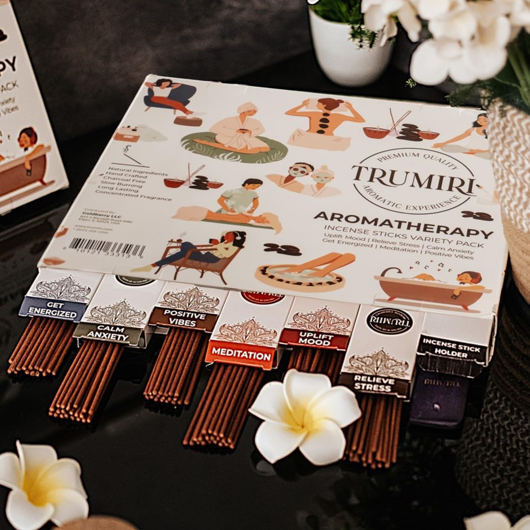 Aromatherapy Incense Sticks - Total 120 Insence-Sticks (20 Insense x 6 Inscents) - Inciensos Aromaticos para La Casa Aroma Incents for Positive Vibes Meditation Stress Relief + Incense Holder