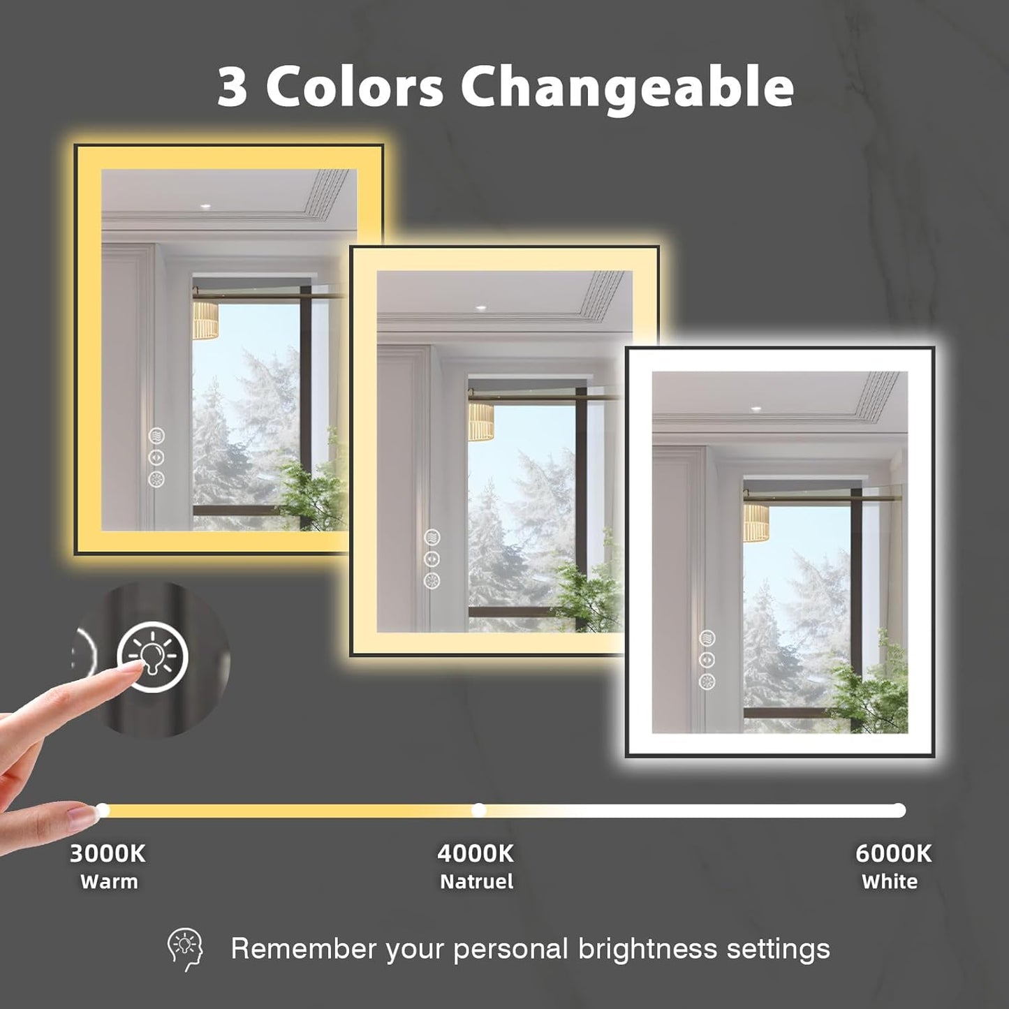 28x36 Lighted Bathroom Mirror, Wall-Mounted, Black Rim Mirror, Vanity(Front and Backlit), Stepless Dimmable CRI90+, Anti-Corrosion, Anti-Rust, Touch Sense, Memory(Horizontal/Vertical)