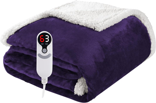 Electric Heated Blanket Throw Size 50"x60", Soft Flannel with Overheat Protection, 6 Adjustable Heat Settings & 3-Hour Auto-Off Timer, Fast Heating for Winter Comfort, Dark Purple