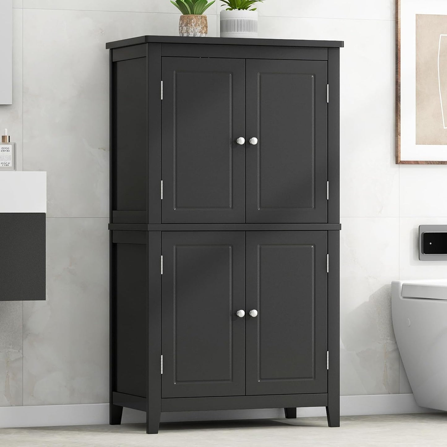 Freestanding Storage Cabinet with 4 Doors,Elegant Organizer Unit with Adjustable Shelves, Sturdy MDF Frame, Anti-Tipping Design, Large Capacity for Bathroom, Kitchen, Office, Home, Black