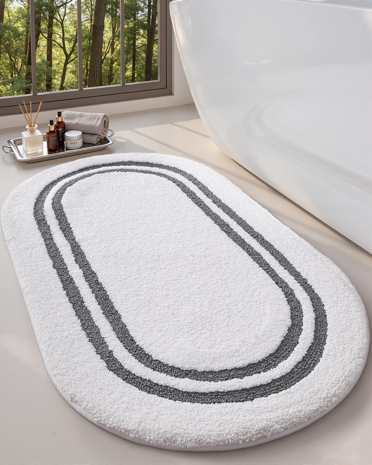 DEXI Oval Bath Mats for Bathroom, 24x43 Absorbent Bath Mat, Washable Microfiber Bathroom Rug with Non Slip Backing for Shower Floor, Dark Grey