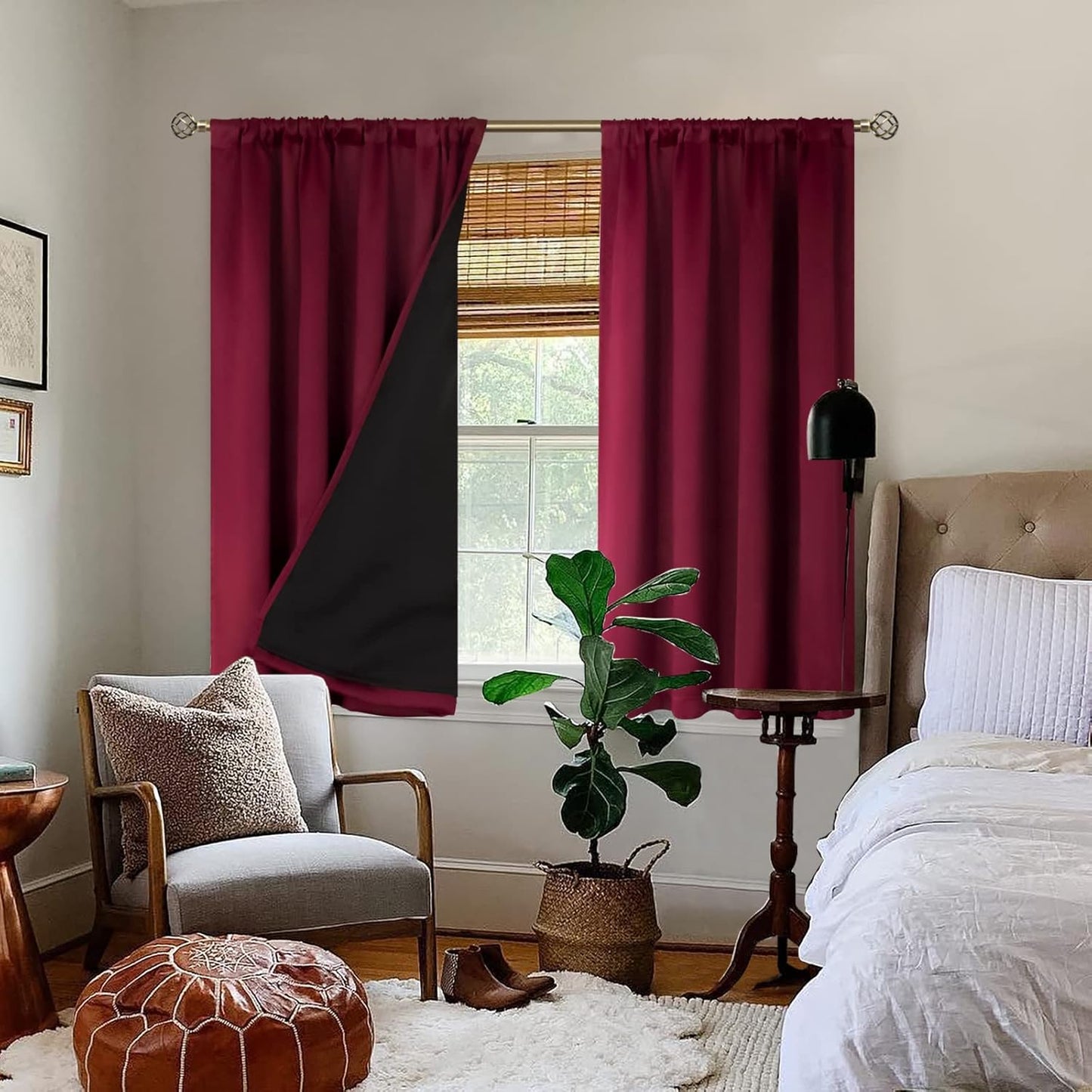 BGment Thermal Insulated 100% Blackout Curtains for Bedroom with Black Liner, Christmas Double Layer Full Room Darkening Noise Reducing Rod Pocket Curtain (52 x 45 Inch, Burgundy Red, 2 Panels)
