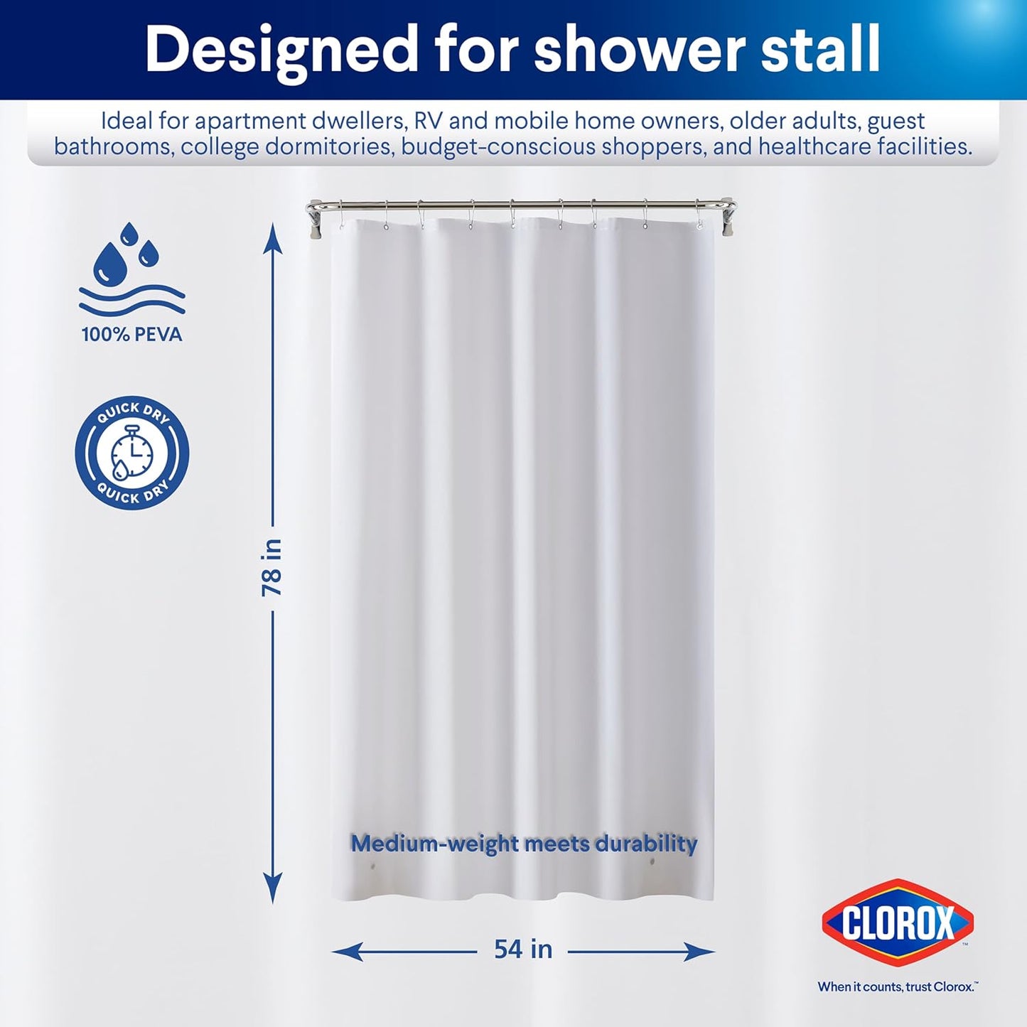 CLOROX Shower Curtain Liner, Premium Medium-Weight Durable Waterproof 6g PEVA for Bathroom with Weighted Magnets, Extra Long 54" x 78", Frosty 1 Pack