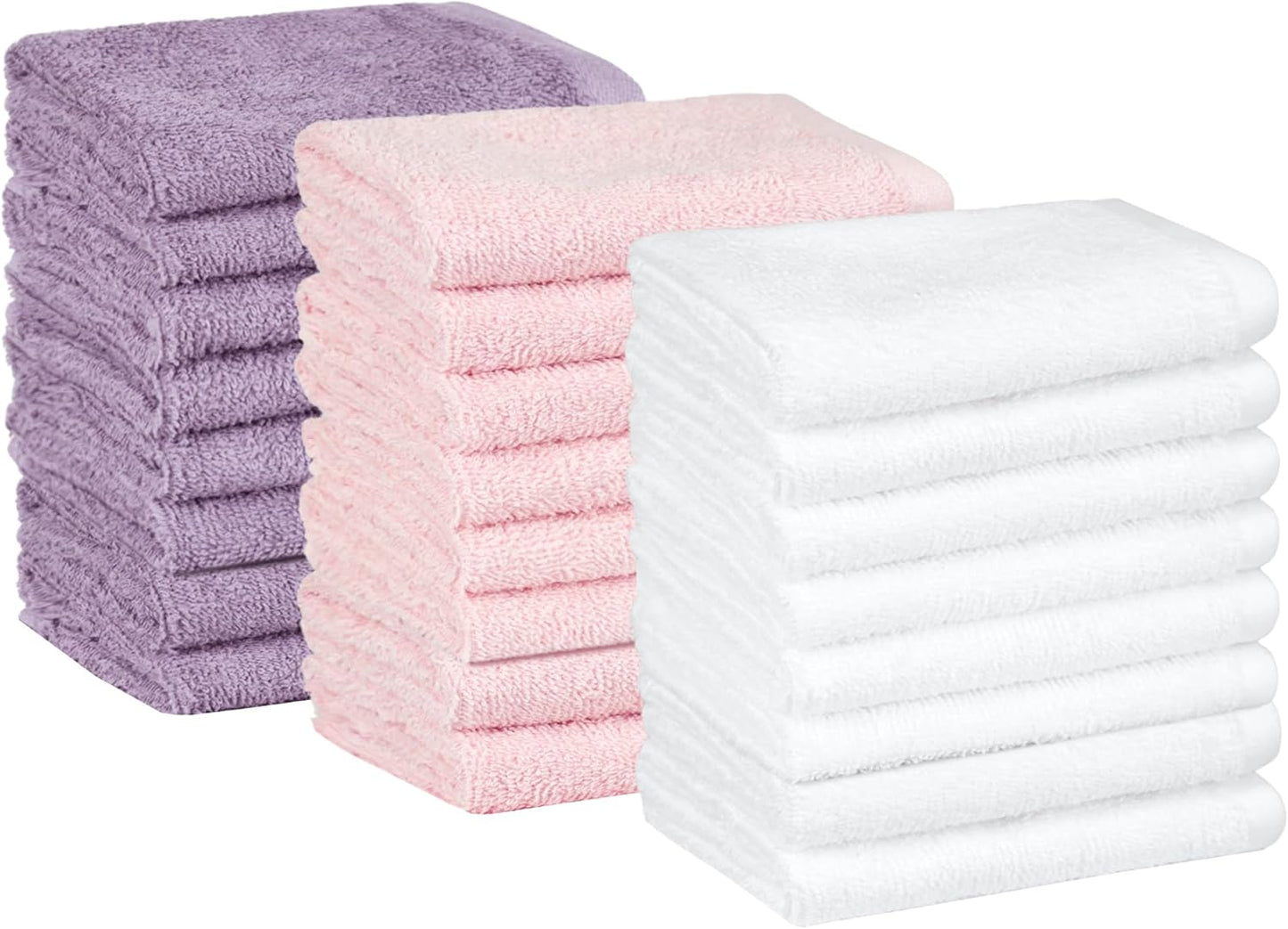 Amazon Basics washcloth for bathroom, 100% Cotton Extra Absorbent , Fast Drying - salon towels - 24-Pack, Petal Pink, Lavender, White, 12 x 12 in