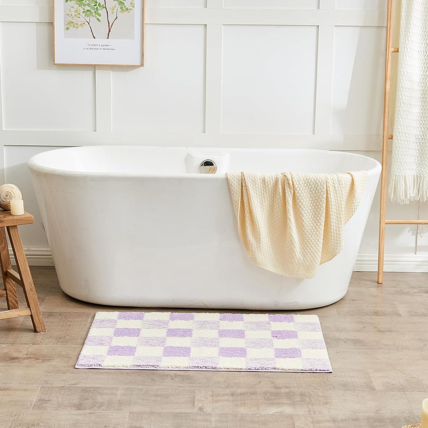 CozeCube Bath mats for Bathroom Non Slip, Fluffy Absorbent Microfiber Bath mat Washable, Aesthetic Bathroom Rugs, Large Purple Checkered Bath mat, Lavender, 36" x 24"