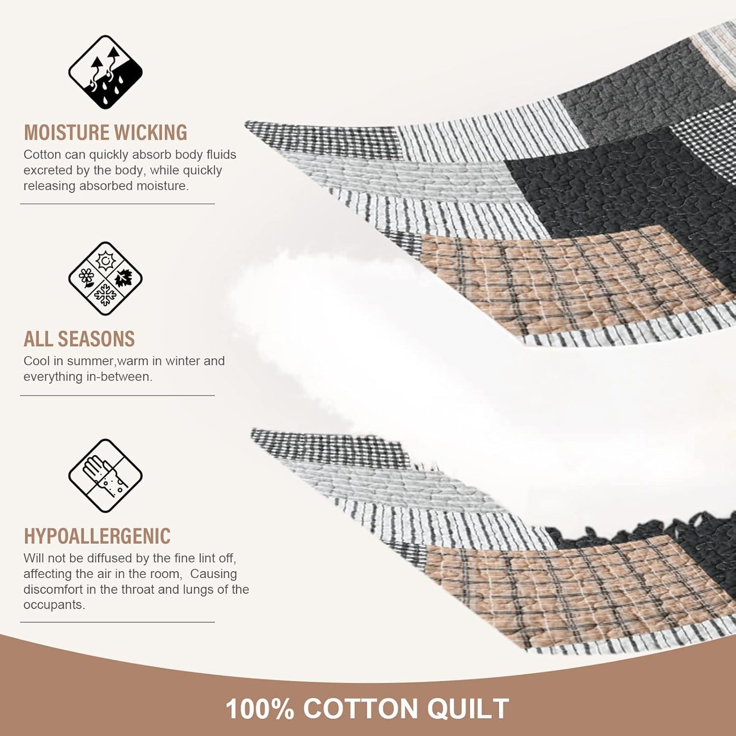 Y-PLWOMEN Quilt King Size - 3 Piece Cotton Quilts Lightweight Bedspreads Farmhouse Plaid King Size Quilt Cozy Reversible Quilt Bedding Set All Season, Grey Black Brown White