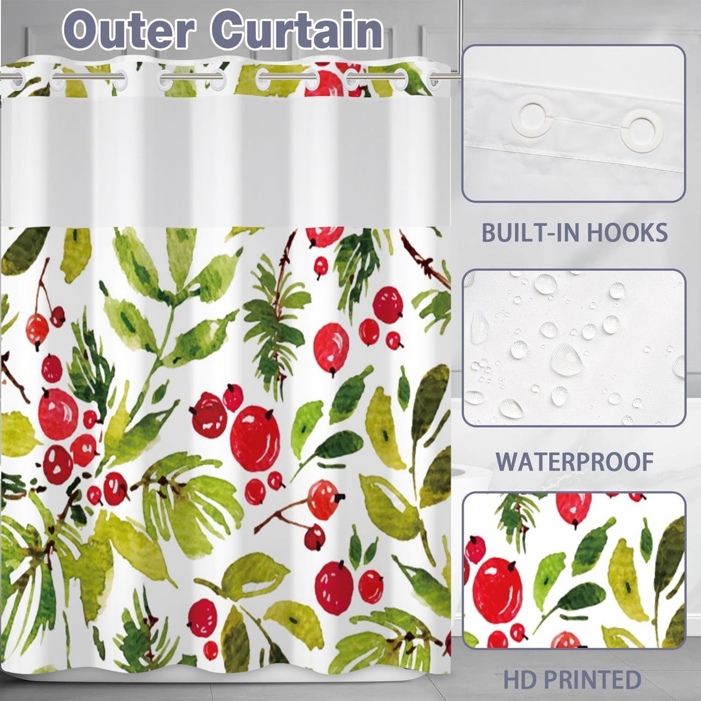 Floral Shower Curtain No Hooks with Snap-in Liner,Botanical Shower Curtains,Watercolor Fabric Holly Berry Shower Curtain Set,with See Through Top Window for Bathroom Decor,71 x 74 Inch