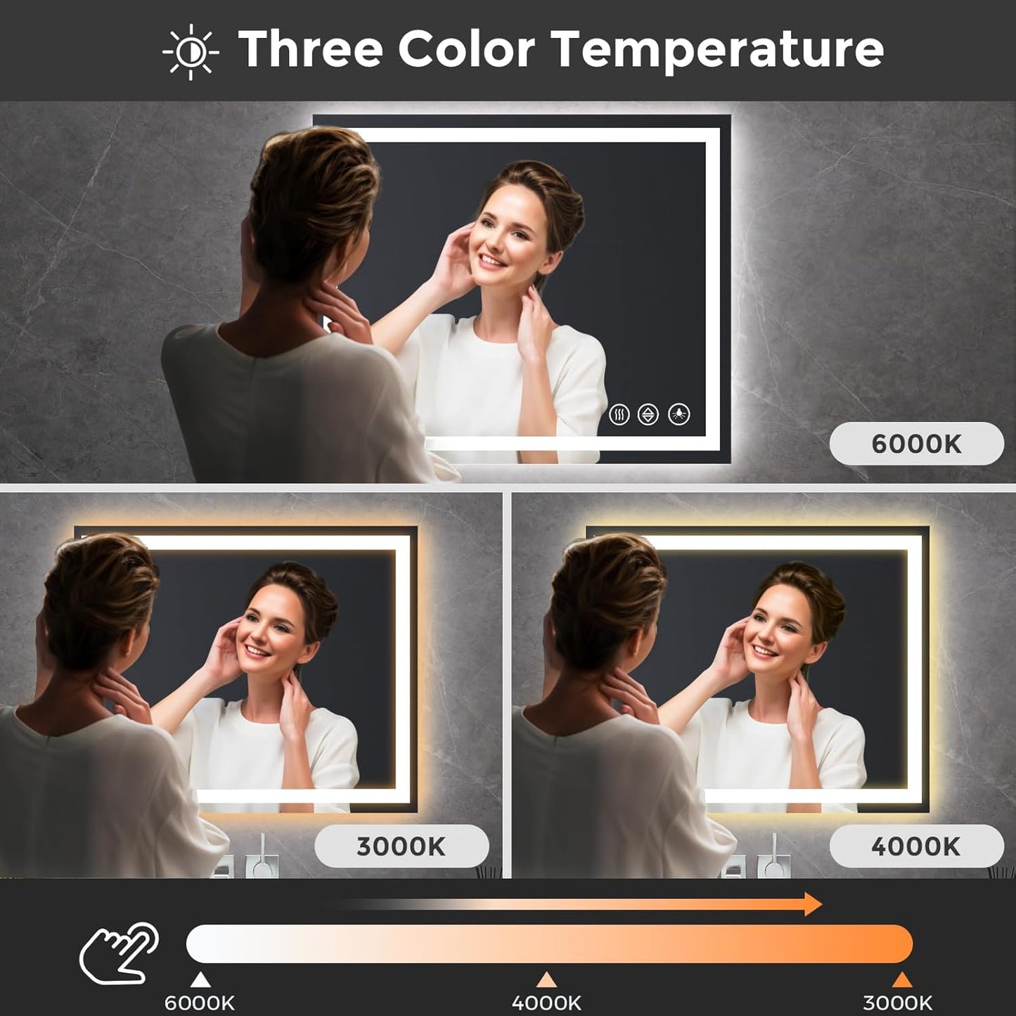 Koonmi 30x40 LED Bathroom Mirror, Backlit + Front Lit, LED Bathroom Mirror with Lights for Wall, 3 Colors, Anti-Fog, Dimmable Brightness, Memory Function, Tempered Glass