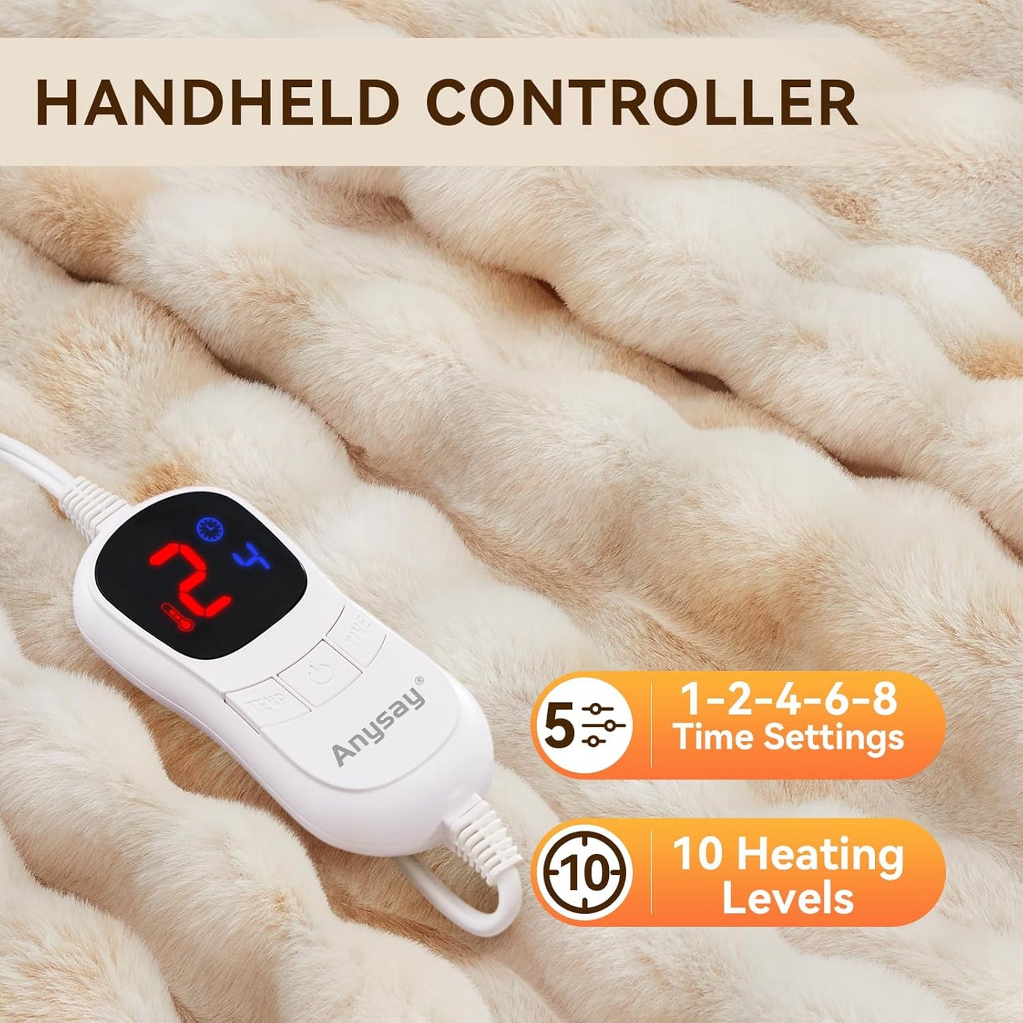 Heated Blanket Queen Size with 1/2/4/6/8 Hours Auto-Off 10 Heat Level, 72'' * 84'' Cozy Faux Rabbit Fur Bubble Electric Blanket with Overheat Protection(Tie-Dye Beige)