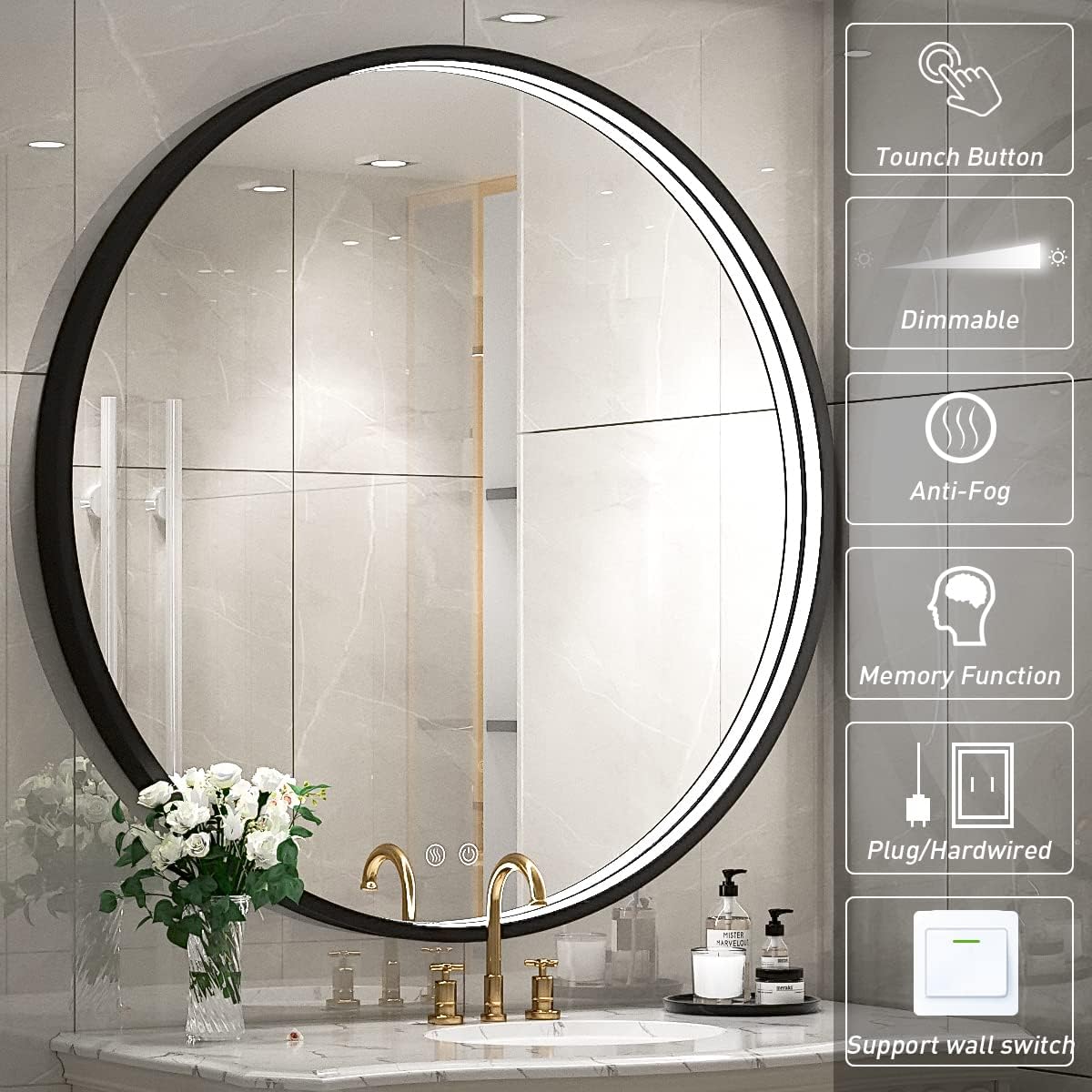 32" Round LED Bathroom Mirror, Dimmable Anti-Fog Vanity Mirror with Touch Control, 6000K Natural Light, Black Metal Frame, Wall Mounted for Makeup Shaving (IP54, 90+ CRI)