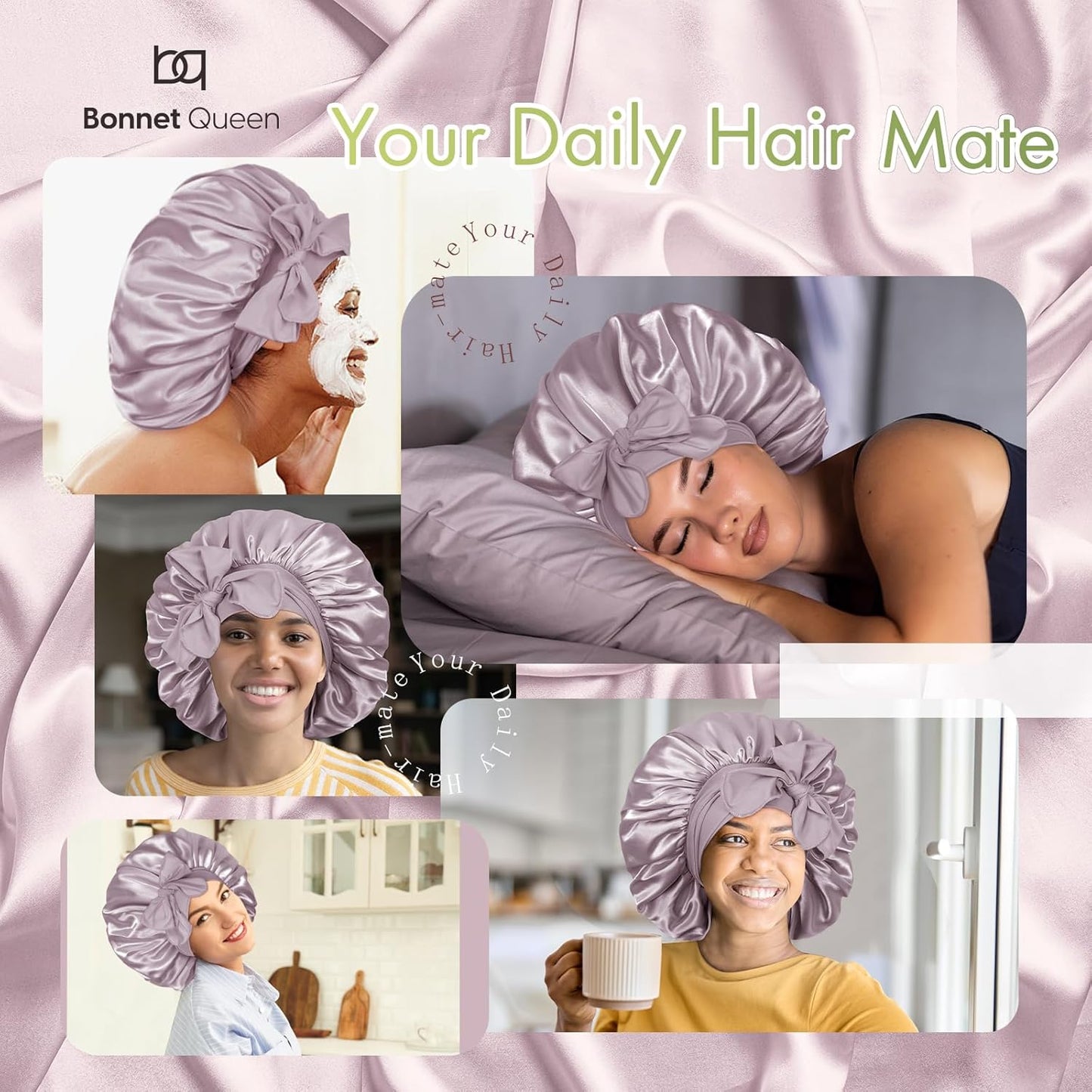BONNET QUEEN Silk Bonnet for Sleeping Women Big Satin Bonnet Night Sleep Cap Wrap for Curly Hai rwith Adjustable Tie Band, Single Layer, Large, Rose Gold
