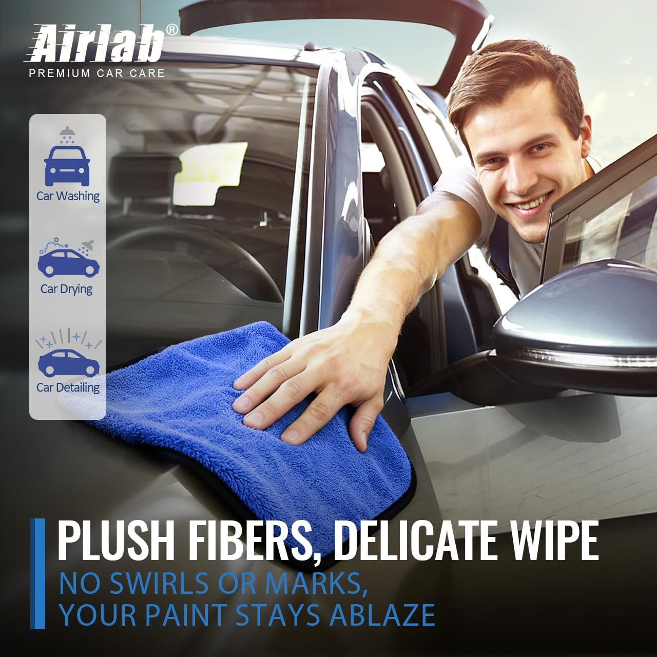 Airlab Microfiber Towels for Cars Wash Drying Thick Plush Cleaning Cloth Auto Detailing Super Absorbent for Interior & Exterior Lint Free, Streak Free, 16" X 16", 800 GSM, Pack of 4