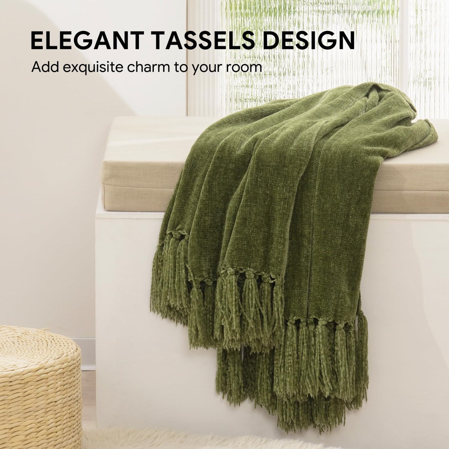 RECYCO Throw Blanket Soft Cozy Chenille Throw Blanket with Fringe Tassel for Couch Sofa Chair Bed Living Room Gift (Loden Green, 60'' x 80'')