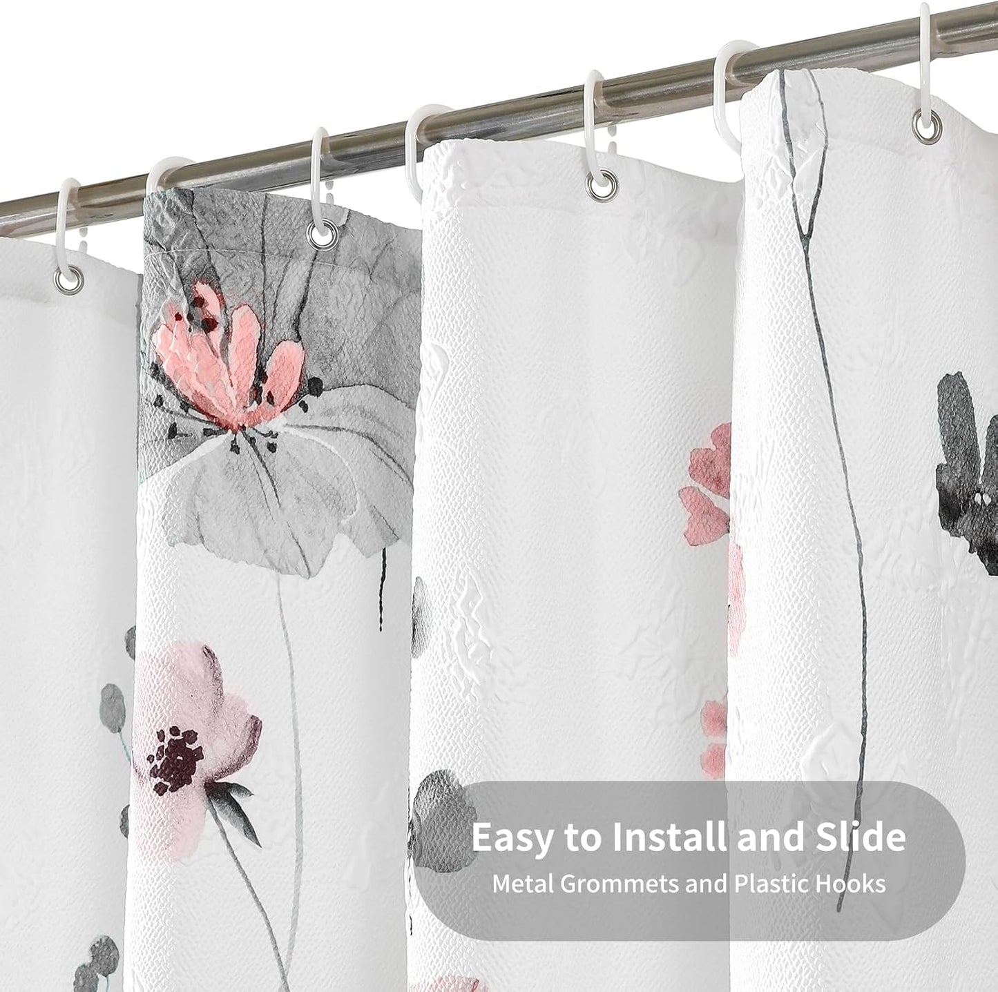 QiyI Watercolor Floral Shower Curtain, 3D Embossed Butterflies Grey Pink Flower Bathroom Curtain, Minimalist White Cloth Bath Curtain, Waterproof Fabric Textured Shower Curtain Set with Hooks, 72x72