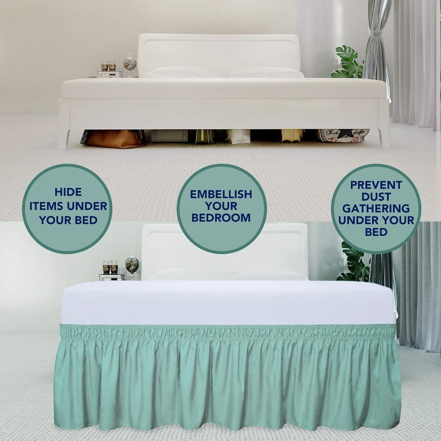 PureFit Wrap Around Ruffled Bed Skirt with Adjustable Elastic Belt - 22 Inch Drop Easy to Put On, Wrinkle Free Bedskirt Dust Ruffles, Bed Frame Cover for Queen, King and C-King Size Beds, Baby Blue