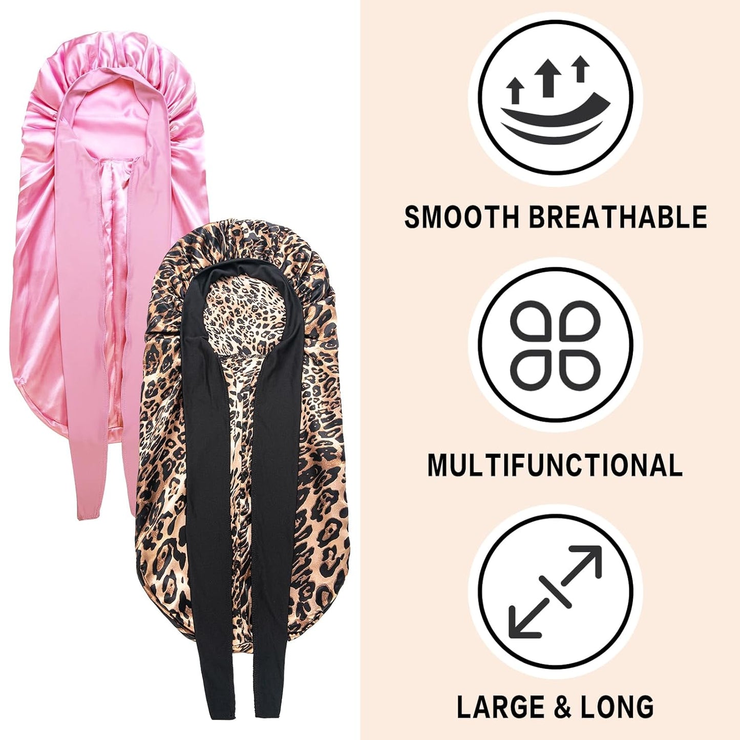 2Pcs Bonnets for Women Sleeping Braid Bonnet, Large Long Satin Silk Bonnet for Braids, Black Women Braid Bonnets with Stretchy Tie Band for Sleeping Extra Long (Pink & Leopard)