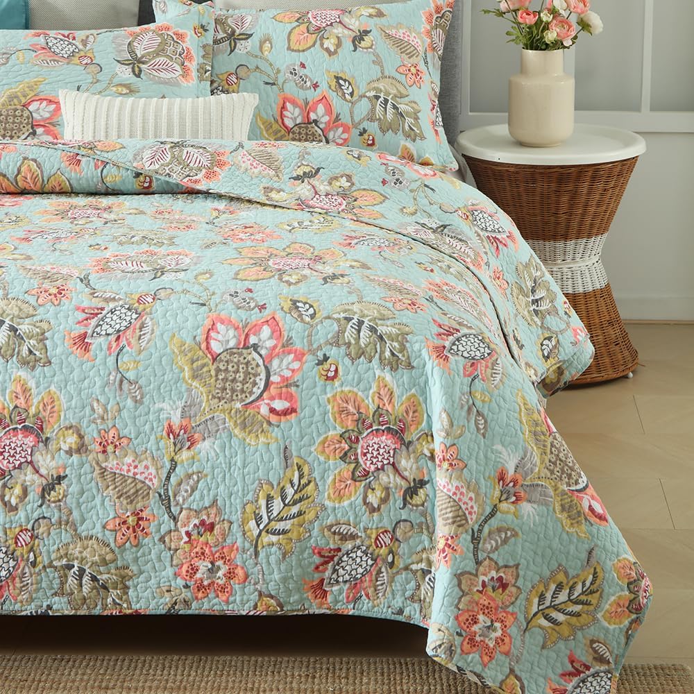 Cotton Bedspread Bedding Coverlet Quilt Sets, Reversible Vintage Branch Floral Bedspread comforters, (Vintage Floral Blue Pattern, King Size)