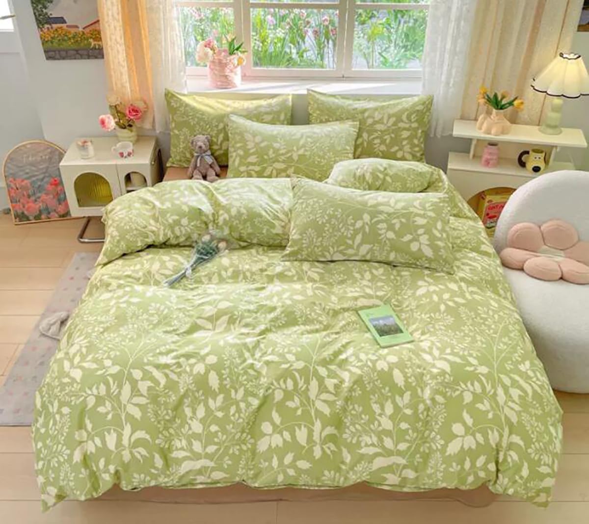 KAREVER Green Botanical Comforter Set King Sage Green Floral Comforter Cotton Women Girls Matcha Green Floral Plant Quilts Garden Bohemian Sage Green Blanket Rustic Leaf Blossom King Bed Comforter