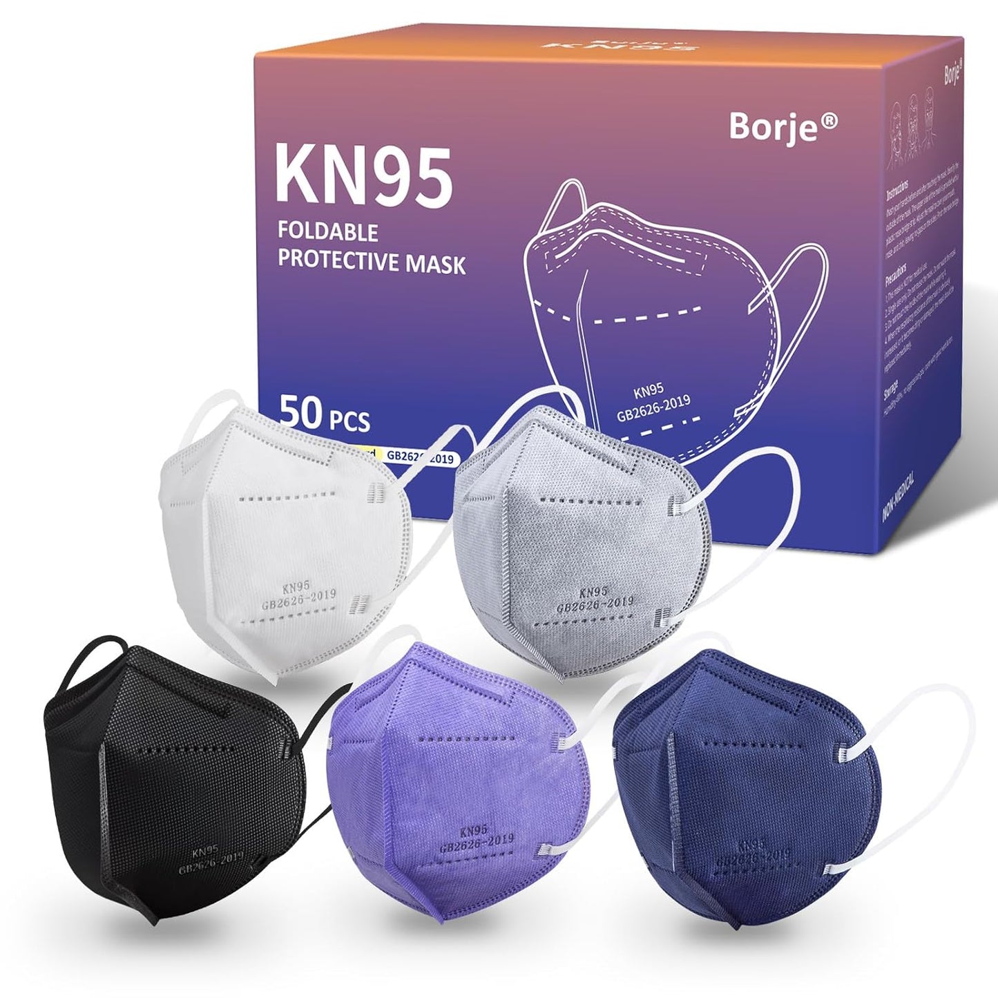 Borje KN95 Face Masks 50 Pcs, 5-Ply Protection Multicolor KN95 Mask, Disposable Face Masks for Adults