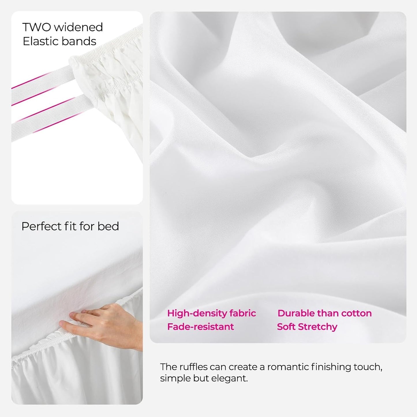RIMELA White Bed Skirt Queen Size 16 Inch Drop, Elastic Bed Skirting for Bed Base and Frame, Bedding Dust Ruffle Easy to Install, Lightweight Wrap Around Adjustable Bedskirt