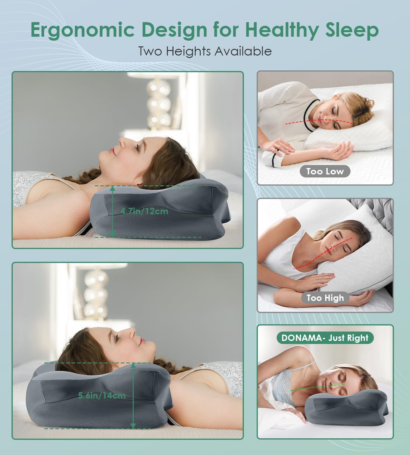 DONAMA Cervical Pillow for Sleeping, Contour Memory Foam Pillow for Neck and Shoulder Support, Ergonomic Neck Pillow for Side Back Stomach Sleepers, Bed Pillows with Cooling Pillowcase