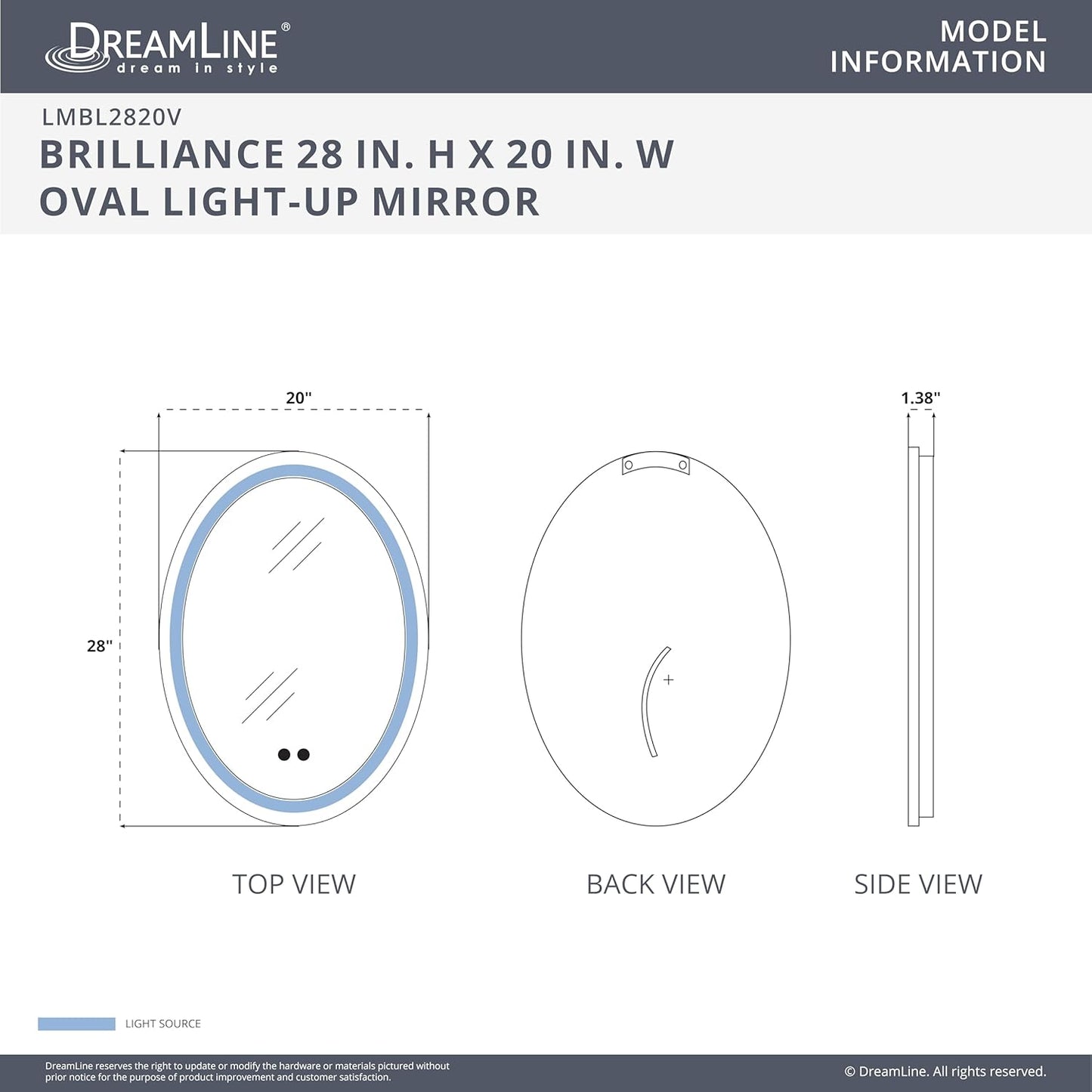 DreamLine Brilliance 28 in. H x 20 in. W Oval Light-up Mirror, Brushed Brass