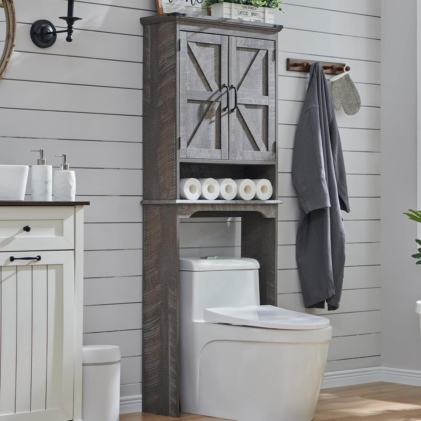 ACCOHOHO Over The Toilet Storage Cabinet, Farmhouse Bathroom Cabinet with Adjustable Shelf & Barn Door, 67" Tall Over The Toilet Shelf, Grey Wash