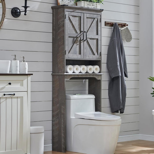 ACCOHOHO Over The Toilet Storage Cabinet, Farmhouse Bathroom Cabinet with Adjustable Shelf & Barn Door, 67" Tall Over The Toilet Shelf, Grey Wash