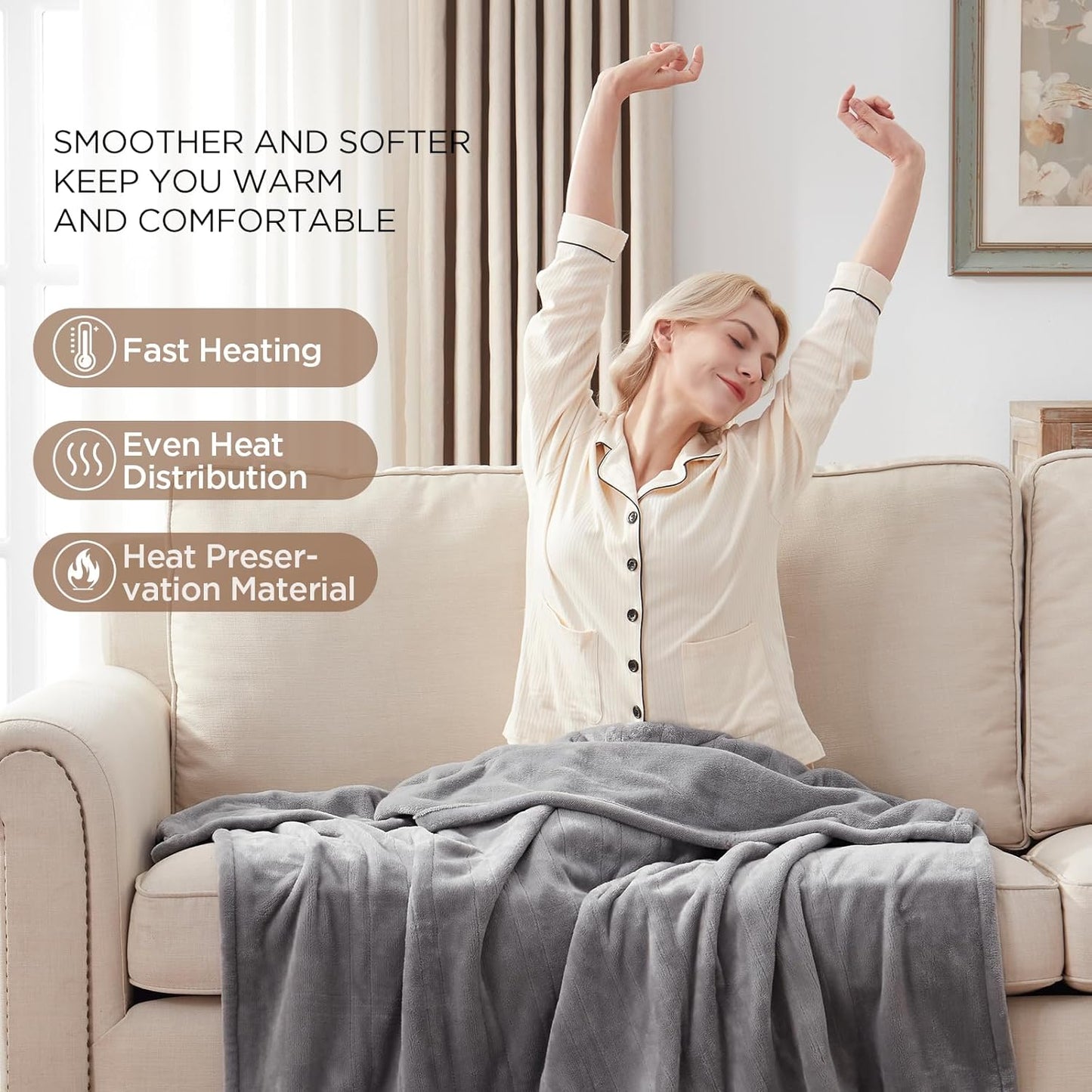 Westinghouse Heated Blanket Throw, Electric Throw with 6 Heating Levels, 2-10 Hours Time Settings, Overheat Protection, Machine Washable, Flannel (Throw, 50x60 Inches, Light Grey)