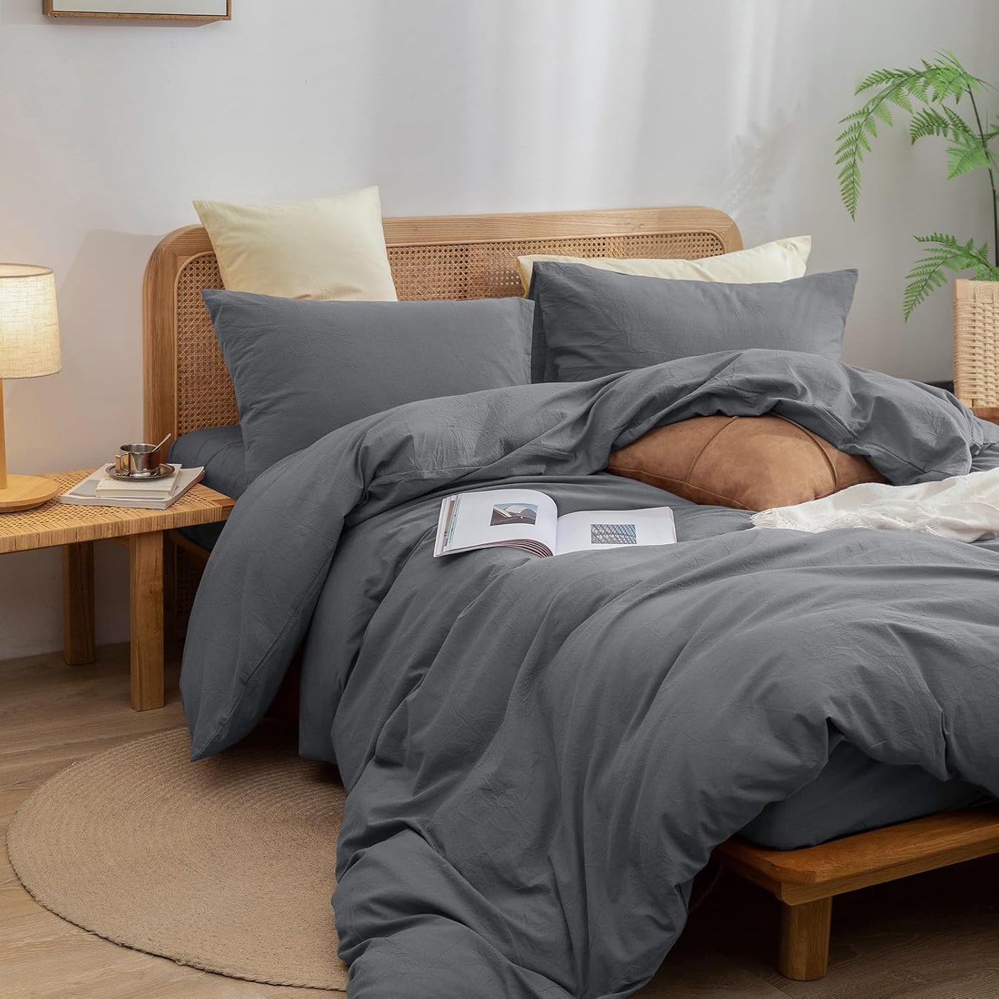 BESTOUCH Duvet Cover Set 100% Washed Cotton Linen Feel Super Soft Comfortable Chic Lightweight 3 PCs Home Bedding Set Solid Quiet Shade Grey King
