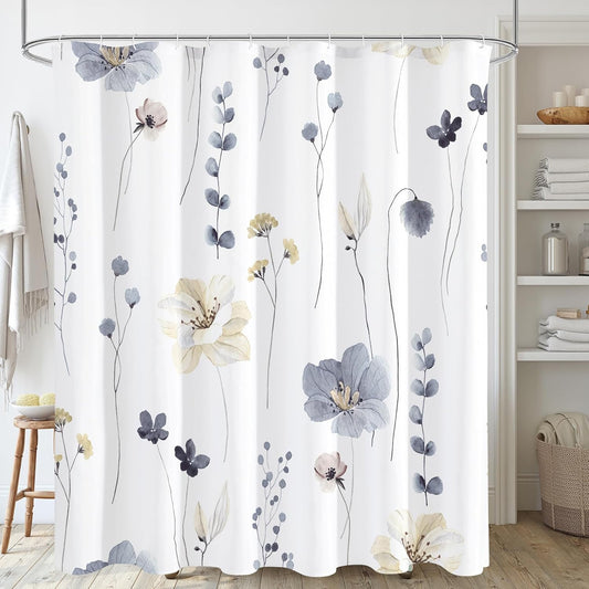 Gibelle Watercolor Floral Shower Curtain, Grey Beige Flower Shower Curtain for Bathroom, Modern Minimalist White Waterproof Fabric with Hooks 72x72 Inch